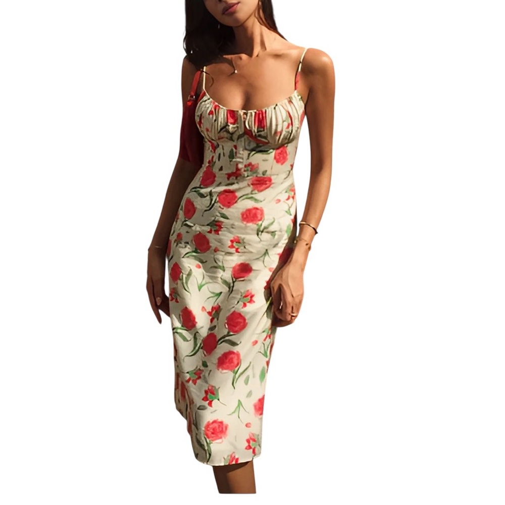 Commense Floral Midi Dress XS Coquette Bust Detail Smocked Back NWT